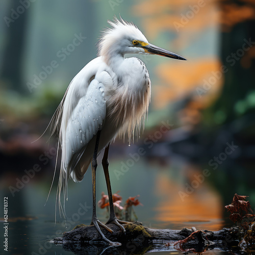 an egret is standing in lake, foggy forest, close look, wallpaper background image photo