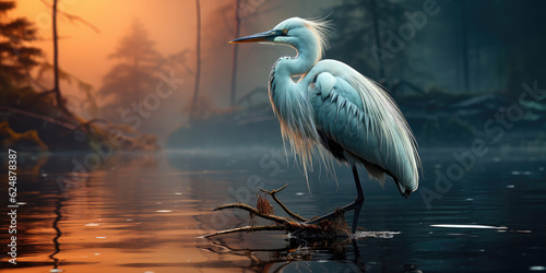 an egret is standing in lake, foggy forest, close look, wallpaper background image photo