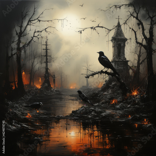 artwork, dark forest with trees, gothic style, with ravens and crows, background wallpaper image photo