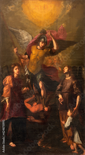 GENOVA, ITALY - MARCH 6, 2023: The painting of archangels Michael, Gabriel an...