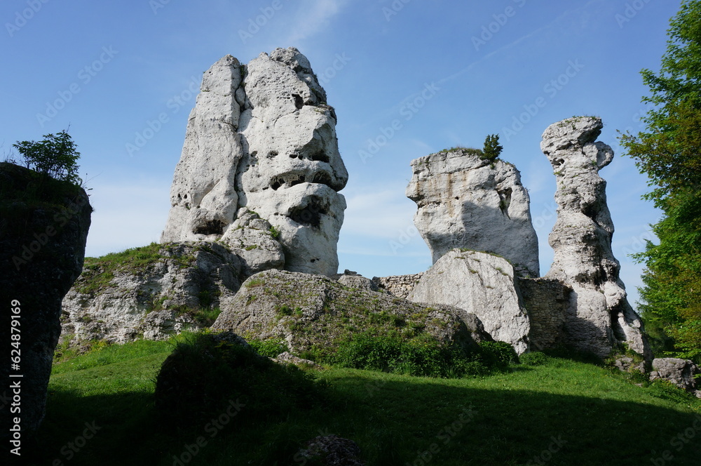 Group of three rocks, from left called: Bear, Sphinx, Doll (Niedzwiedz, Sfinks, Lalka). Podzamcze (village in Silesian Voivodeship), Poland. - obrazy, fototapety, plakaty 