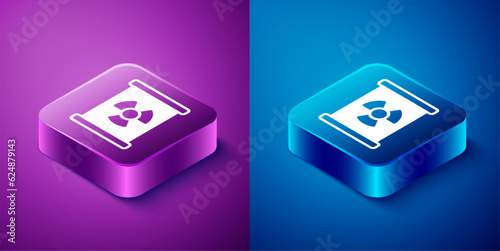 Isometric Radioactive waste in barrel icon isolated on blue and purple background. Toxic refuse keg. Radioactive garbage emissions, environmental pollution. Square button. Vector
