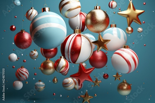 3d render of christmas baubles on blue background.