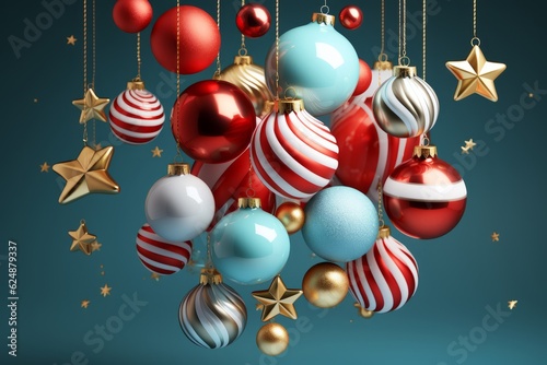 3D rendering of Christmas background with red and blue baubles