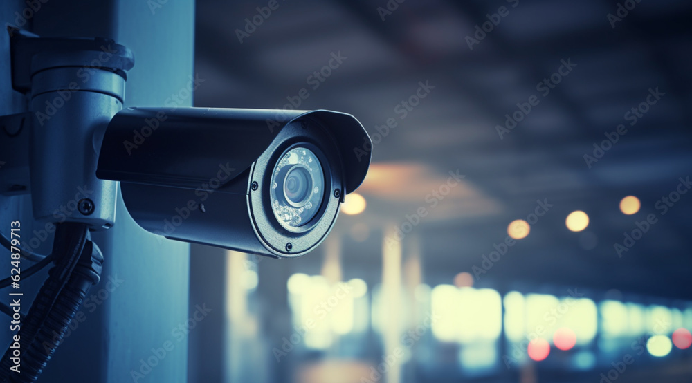 Modern of CCTV camera for monitoring surveillance and security on the wall with car park background