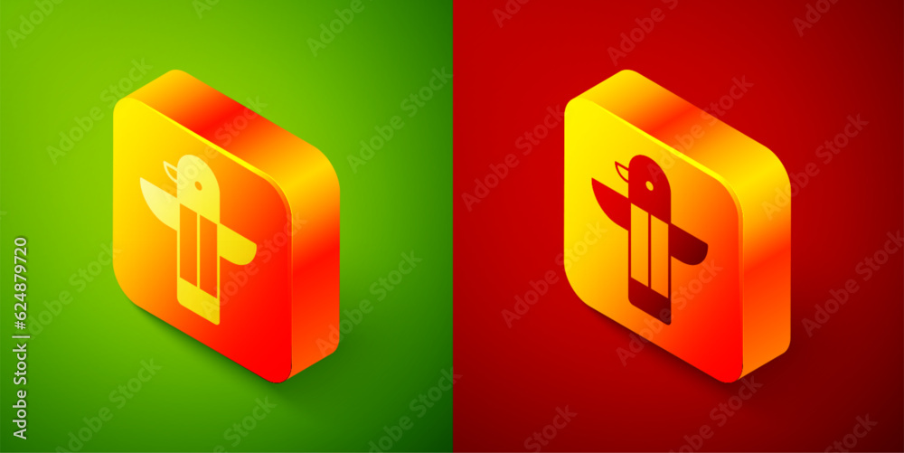 Isometric Canadian totem pole icon isolated on green and red background. Square button. Vector Isometric Canadian totem pole icon isolated on green and red background. Square button. Vector