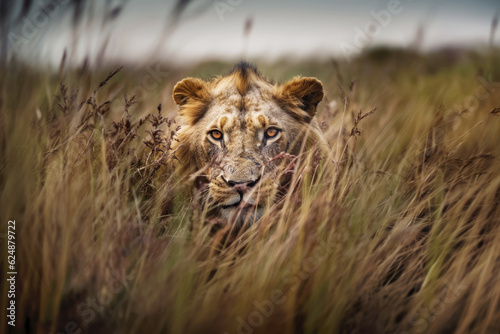 Bilde på lerret Rugged old male lion hiding in long grass stalking his prey