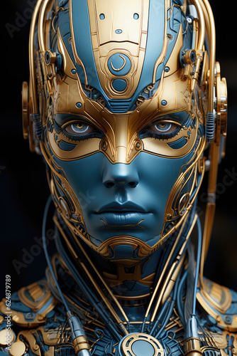 beautiful face of robot with futuristic design, golden and blue colors on her, background wallpaper image photo