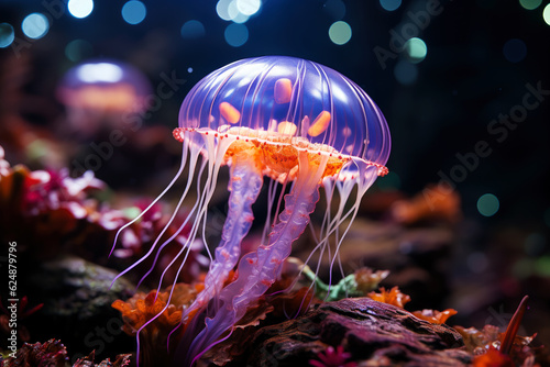 Bright glowing jellyfish on a coral reef, AI Generated