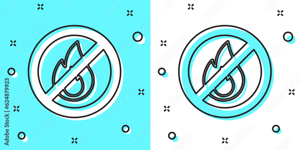 Black line No fire icon isolated on green and white background. Fire prohibition and forbidden. Random dynamic shapes. Vector Black line No fire icon isolated on green and white background. Fire prohibition and forbidden. Random dynamic shapes. Vector
