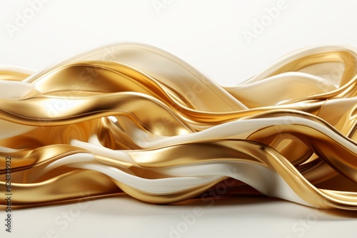 Golden abstract wavy fabric on white background. 3d render illustration