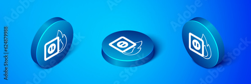 Isometric Electric wiring of socket in fire icon isolated on blue background. Electrical safety concept. Plug outlet on fire. Blue circle button. Vector
