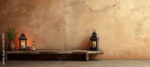 Old terracotta wall with lantern on wood table and empty space on design side © MUS_GRAPHIC
