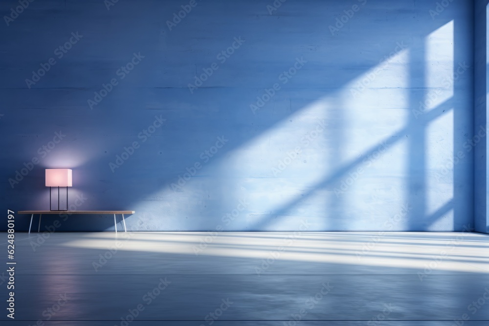 Interior of empty room with blue concrete wall and wooden bench. 3D Rendering