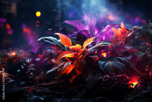 Fantasy fairy tale wallpaper with flame, smoke, purple forest, blooming flowers and plants, fabulous garden and night background, AI Generated