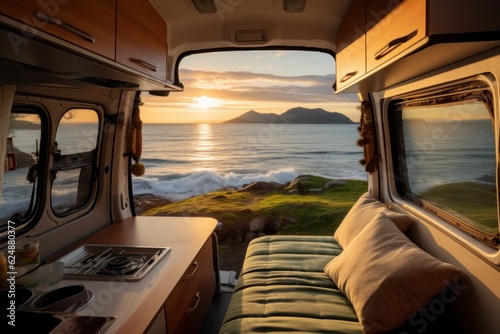 Camper van, recreational vehicle on the beach at sunset. Camping on nature.