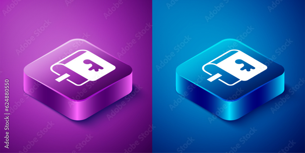 Isometric Viking book icon isolated on blue and purple background. Square button. Vector Isometric Viking book icon isolated on blue and purple background. Square button. Vector