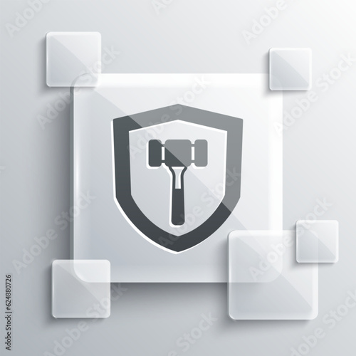Grey Auction hammer icon isolated on grey background. Gavel - hammer of judge or auctioneer. Bidding process, deal done. Auction bidding. Square glass panels. Vector