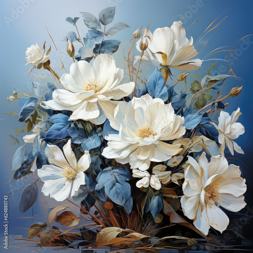 blue jasmine bouquet, white and blue colors, oil painting style, background image photo