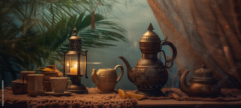 Ramadan background for Ramadan lantern, Arabic coffee pot and cups with palm leaves in a room made of old mud and foggy lighting Ramadan background for Ramadan lantern, Arabic coffee pot and cups with palm leaves in a room made of old mud and foggy lighting