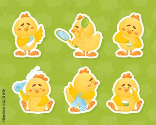 Cute Yellow Chicken Character Enjoy Spa Vector Sticker Set