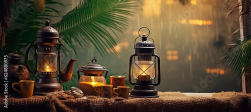 Ramadan background for Ramadan lantern, Arabic coffee pot and cups with palm leaves in a room made of old mud and foggy lighting