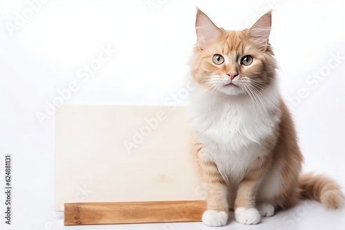 Ginger kitten with an empty white sign on a white background.