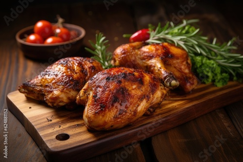 Grilled chicken on a wooden board with rosemary and tomatoes.