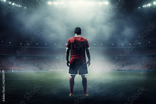 Rear view of a football player standing in the middle of a foggy full stadium. © OleksandrZastrozhnov