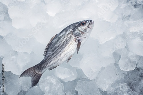 Fresh sea or ocean fish on crushed ice and cubes.