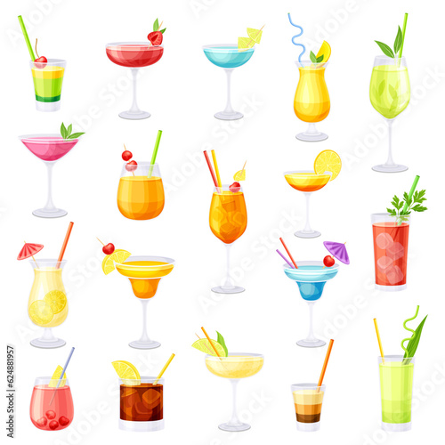 Cocktail and Alcoholic Beverages in Glass with Straw Big Vector Set