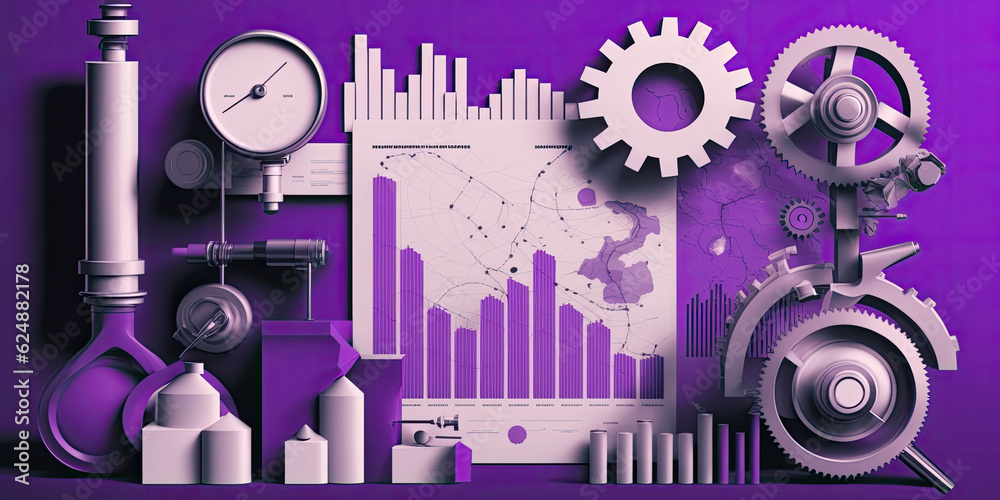mechanical tools with stock market charts and graphs against a purple and white background mechanical tools with stock market charts and graphs against a purple and white background