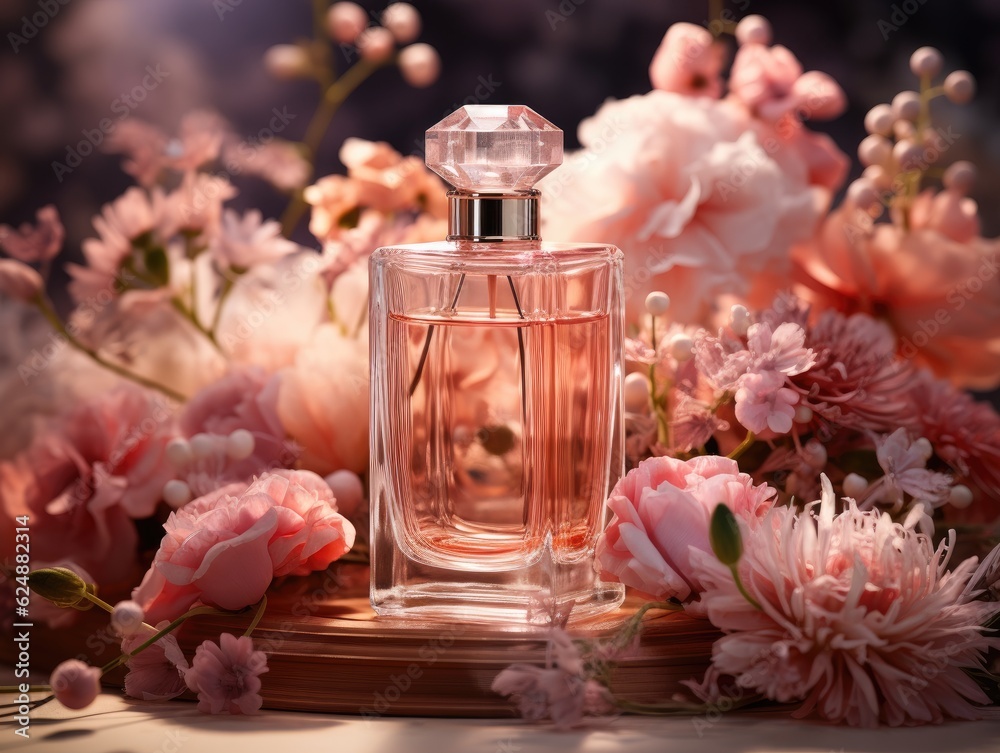 Perfume bottle surrounded by flowers, generative ai Perfume bottle surrounded by flowers, generative ai