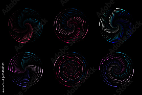 Spiral, vortex, spin element. Circular and radial lines of volutes, spirals. Random dotted dots, halftone spots concentric circle. Segmented circle with rotation.