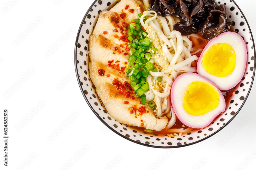 miso ramen with chicken and egg marinated in beetroot juice on white background for online delivery menu 4