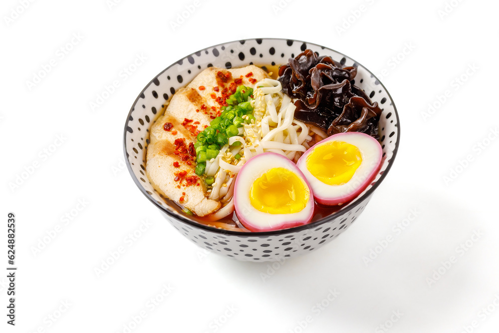 miso ramen with chicken and egg marinated in beetroot juice on white background for online delivery menu 1 miso ramen with chicken and egg marinated in beetroot juice on white background for online delivery menu 1