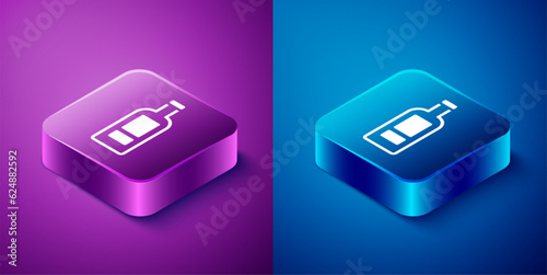Isometric Glass bottle of vodka icon isolated on blue and purple background. Square button. Vector