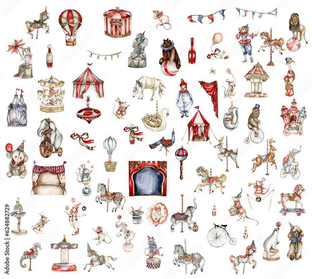 Watercolor circus set of elements in vintage style. Perfect for wedding ...