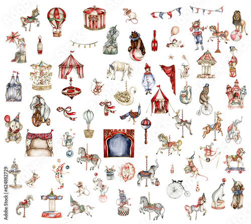Watercolor circus set of elements in vintage style. Perfect for wedding, invitations, blogs,card templates, birthday and baby cards, patterns, quotes. isolater on white background.Cute circus animals.