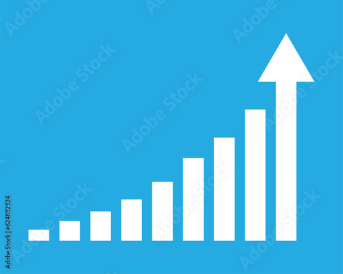 Graph data with an upward stepping arrow. Growth Bar white stairs step to growth success vector illustration on blue. Progress way and forward achievement creative concept. Bar graph of white bars.