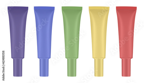 Set of tubes with long cap. Purple, yellow, white, blue and red. Cosmetic packaging. Serum or ointment. Gel or cream