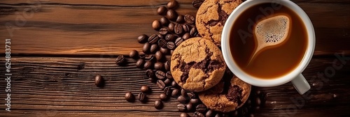 Top view. Close up of hot chocolate in cup  coffee beans and freshly baked cookies on brown wooden table for breakfast