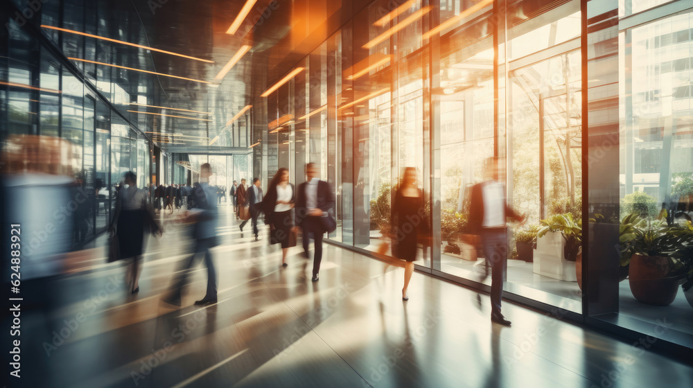 Businesspeople walking at modern office. Group of business employees at coworking center. Motion blur. Concept work process.