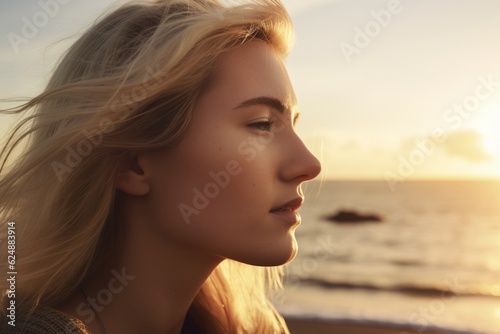 Young blonde european Caucasian girl dreaming pensive woman thoughtful lady calm peaceful female on seashore sunset golden hour beach seaside holiday summer vacation ocean waves relaxed contemplate