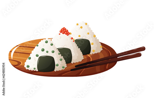 Traditional asian food. Vector Illustration of onigiri in the form of a triangle on a plate. Restaurant, cafe design element. Banner, flyer.  Serving