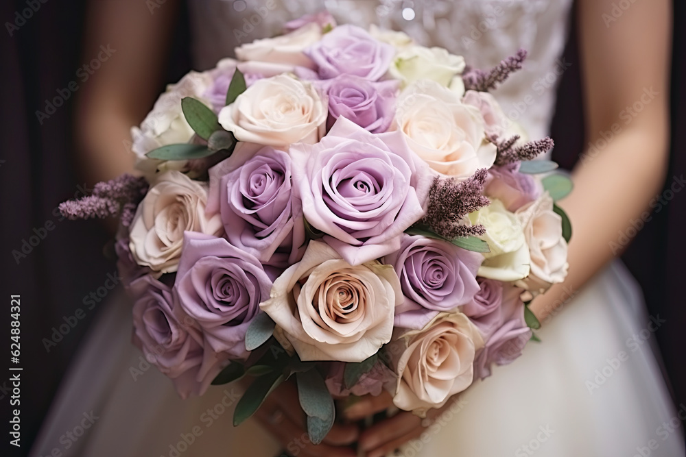 Mujer con vestido de novia de encaje y bouquet de rosas y flores malvas, blancas y rosas. ilustracion de ia generativa Mujer con vestido de novia de encaje y bouquet de rosas y flores malvas, blancas y rosas. ilustracion de ia generativa