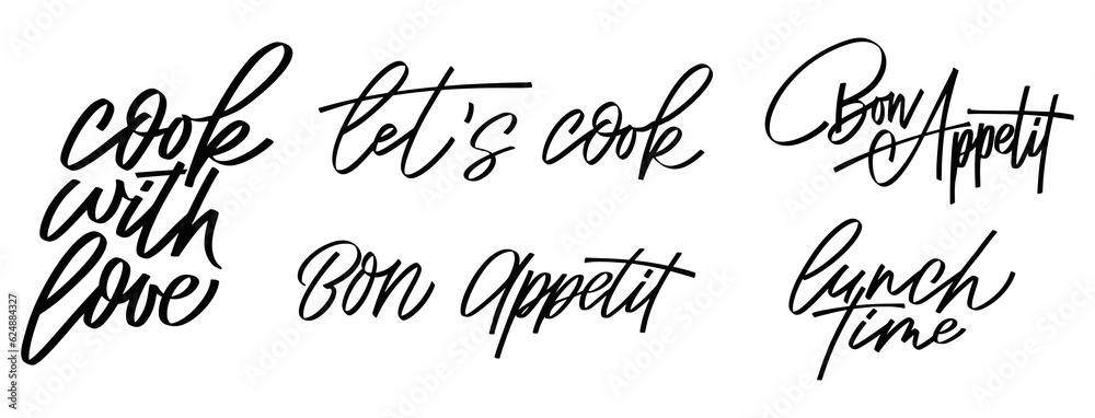 Set of script food text quote. Bon appetit lettering in hand drawn style. Typography word for menu, cafe, poster. Vector illustration Set of script food text quote. Bon appetit lettering in hand drawn style. Typography word for menu, cafe, poster. Vector illustration