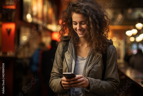 Happy cheerful young girl woman female lady user in city outdoors college student looking to phone smiling scrolling mobile app social media browsing smartphone navigation application evening street