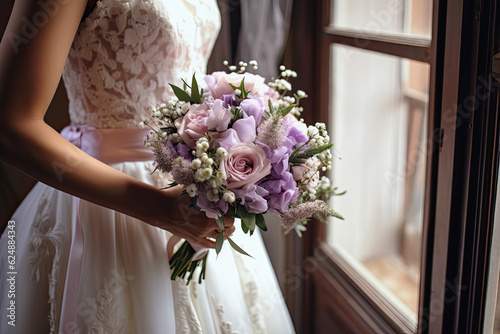 Mujer con vestido de novia de encaje y bouquet de rosas y flores malvas, blancas y rosas.  ilustracion de ia generativa photo