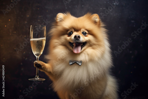 lindo perrito pomerania sobre fondo oscuro con copa de champan en su pata y pajarita